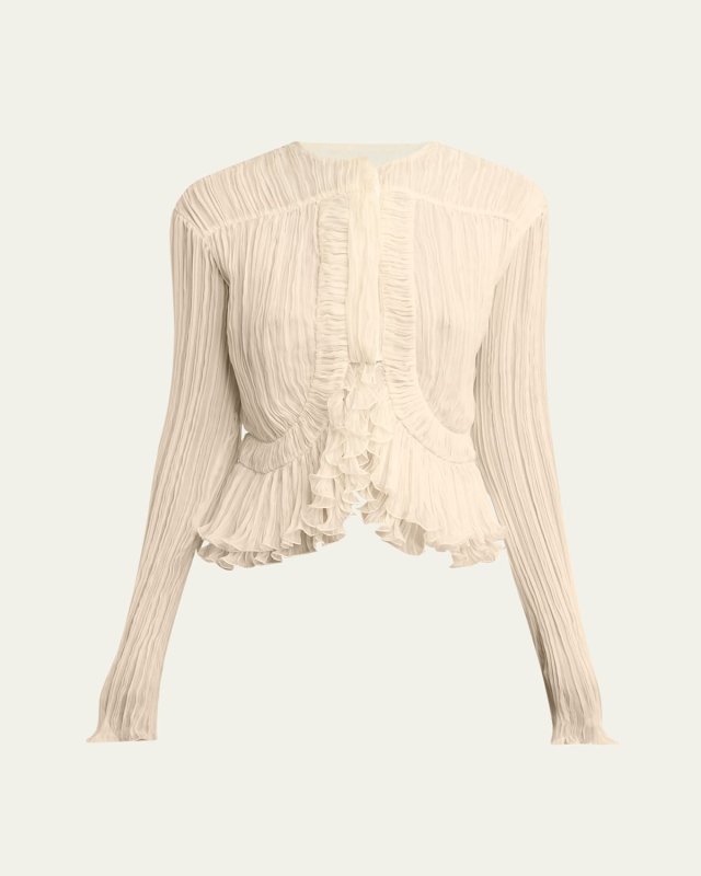 Silk Plisse Ruffle Crop Blouse